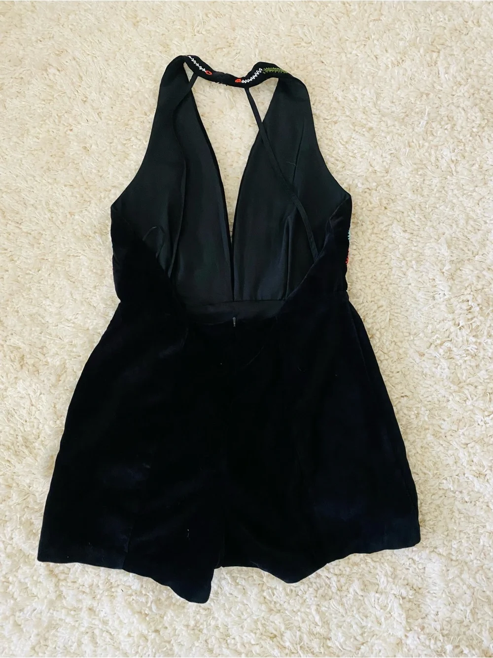 Glamorous Floral Beaded Black Velvet Halter Romper